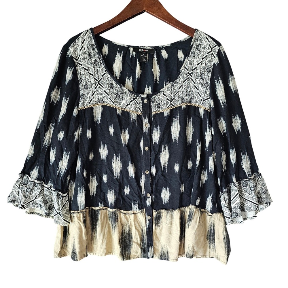 Style & Co Womens Ikat Print Button Front Boho Blouse 3/4 Sleeve L